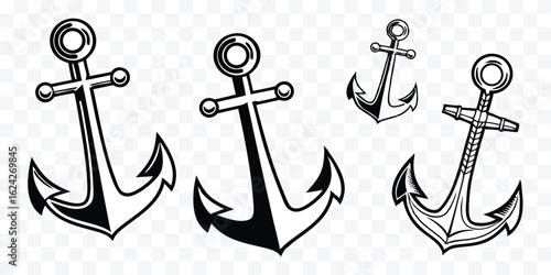 Nautical Anchor Collection in Black and White Graphic Style Maritime Symbol Set for Design Projects
