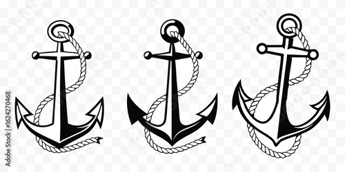 Nautical Anchors Vector Illustration in Black and White Featuring Ropes for Marine and Maritime Themes