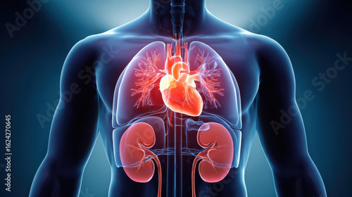 An image of a man showing the heart prominently in the center, the lungs behind the heart, both the left and right kidneys