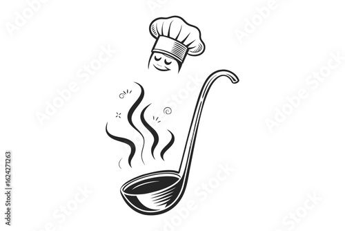 Whimsical chef hat and ladle with steam emanating from the soup a charming culinary illustration isolated on white background silhouette