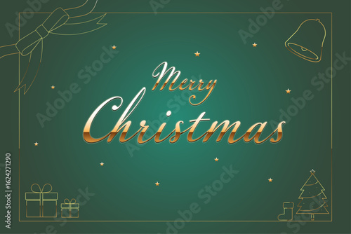 金色の「Merry Christmas」の文字が緑色の背景に輝く、クリスマスの装飾が施された高級感のあるデザインカード｜クリスマス,プレゼント,リボン,ツリー,ベル,星