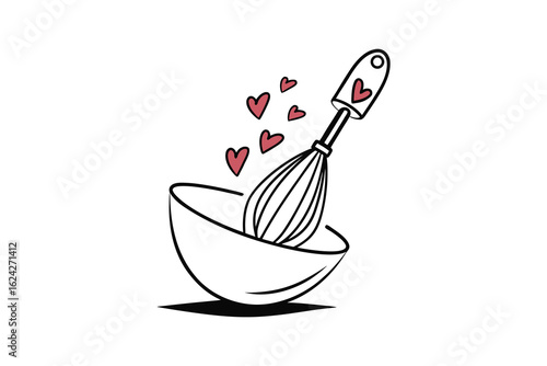 Whisk in a bowl with hearts rising symbolizing baking and love isolated on white background silhouette