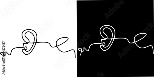 Continuous one-line drawing of a human ear in black-on-white and white-on-black styles. Minimalist vector art ideal for medical, hearing, or anatomy-themed designs.
