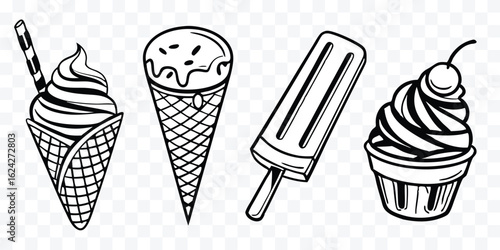 Delicious Ice Cream Cones and Popsicle Line Art for Summer Treats and Dessert Graphics and Black and White Food Illustrations