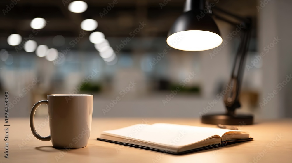 A developer's workstation with an empty notebook and coffee mug under soft desk lamp lighting. A developer's workstation with an empty notebook and coffee mug under soft desk lamp lighting.