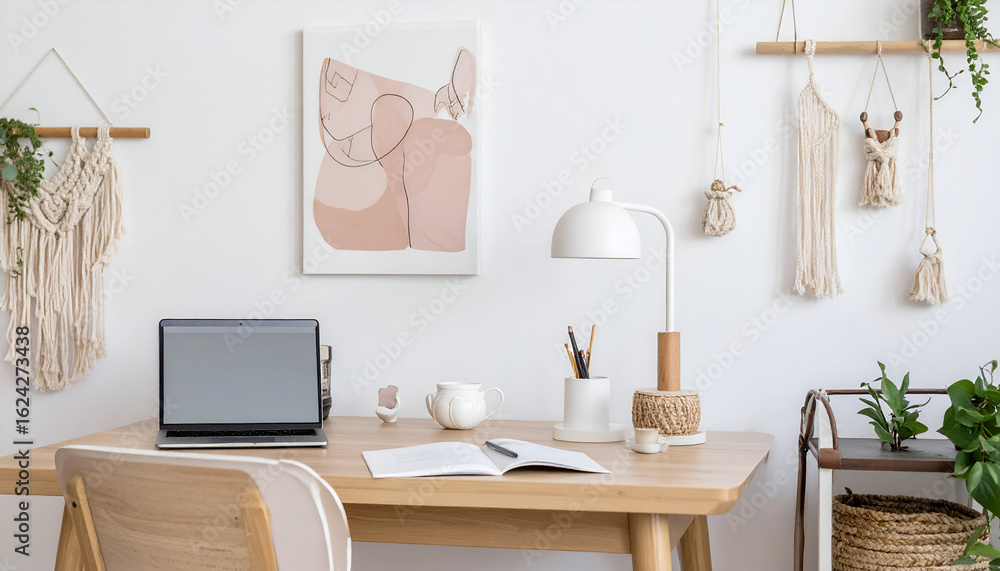 Obraz premium Boho Chic Home Office Workspace with Wooden Desk and Macrame Decor