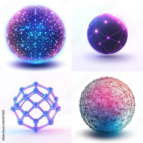 Four abstract sphere compositions, each with a unique network or particle design