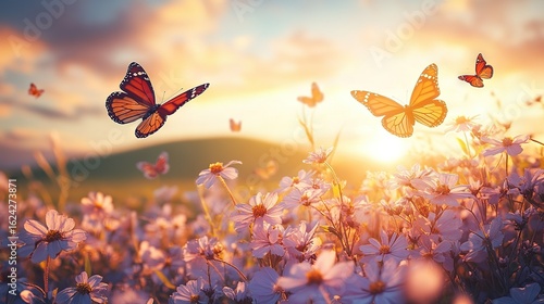 Wallpaper Mural Butterflies fluttering over a field of flowers at sunset Torontodigital.ca