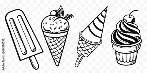Delightful Ice Cream Variety Line Art Collection of frozen dessert drawings for menu and summer vibes design projects