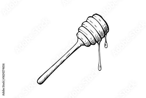 Hand drawn sketch of a honey dipper with dripping honey isolated on white background silhouette
