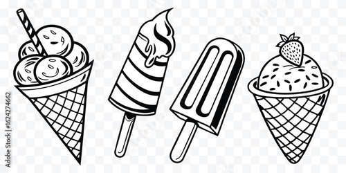 Black and White Ice Cream Illustration Featuring Cones and Popsicles Perfect for Summer Designs and Creative Projects