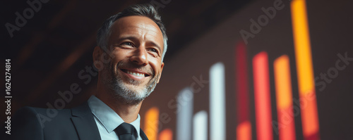 Smiling executive standing near KPI charts soft lighting, exuding confidence and positivity