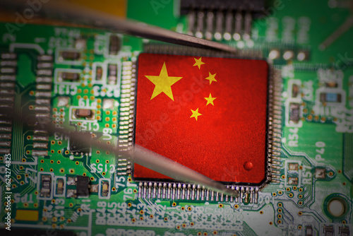 Semiconductor with a China flag on PCB board