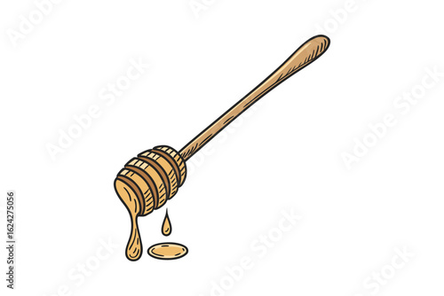 Wooden honey dipper with dripping golden honey in a stylized illustration isolated on white background silhouette