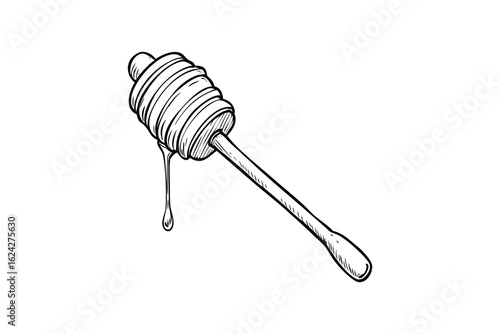 Hand drawn sketch of a honey dipper with dripping honey silhouette isolated on white background