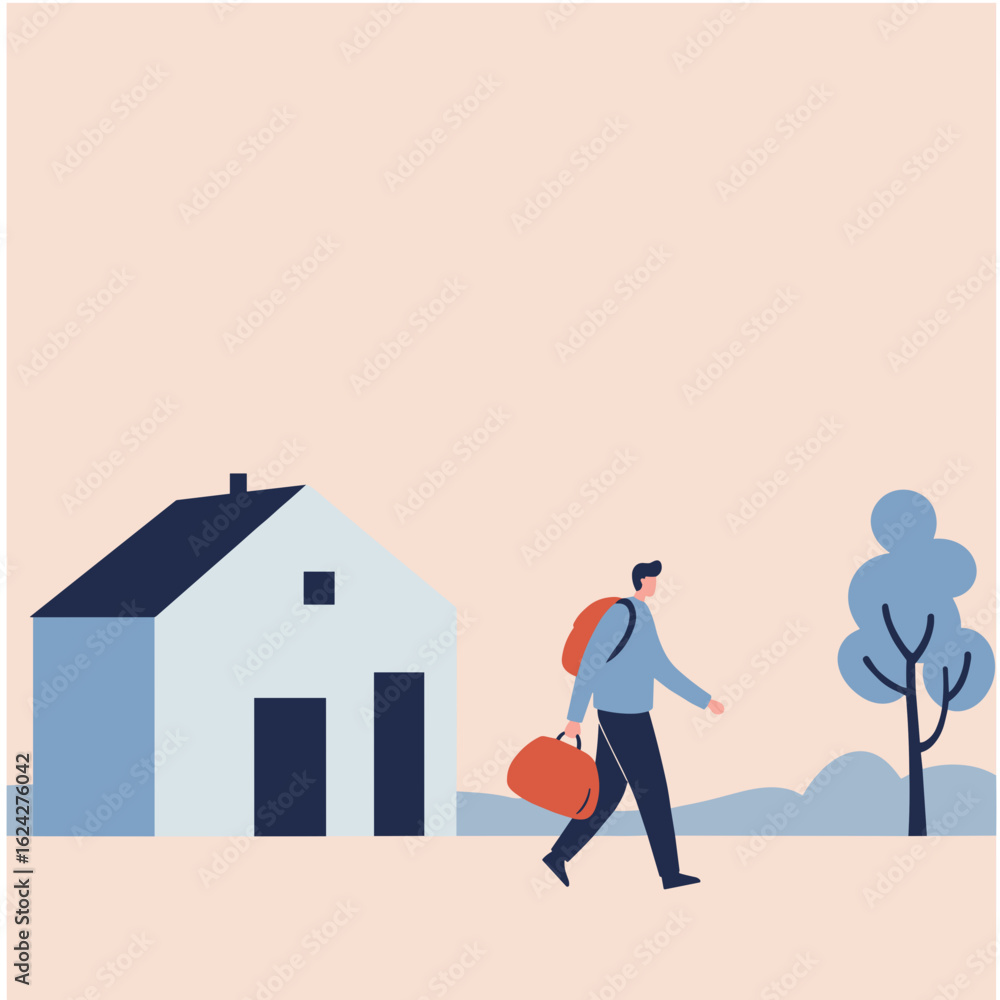 Fototapeta premium Man walking away from house carrying bag in minimalist style 