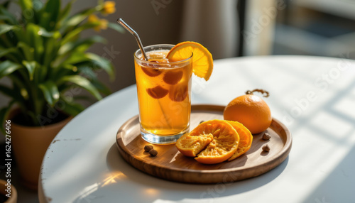 Refreshing orange drink served in glass with ice, garnished with orange slices, placed on wooden tray. whole orange and orange segments are nearby, creating vibrant and inviting scene