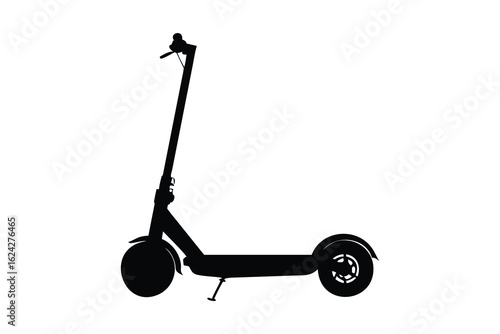 Black silhouette of a modern electric scooter standing upright isolated on a clean white background for easy use isolated on white background