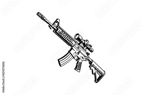 Detailed silhouette of a modern assault rifle with a scope isolated on white background