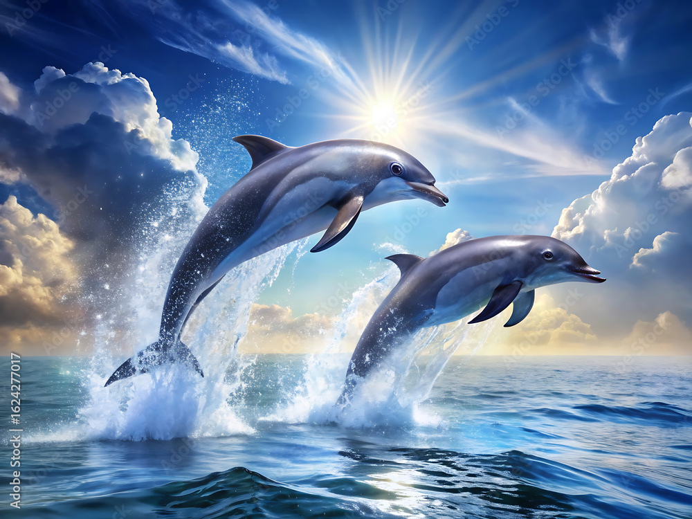 Fototapeta premium Two playful dolphins jumping out of the ocean water under the bright sunlight