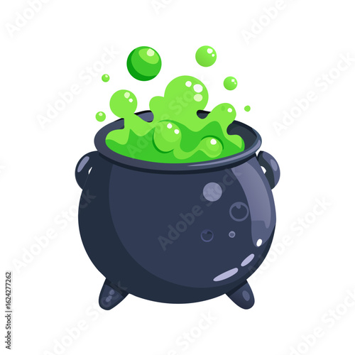 A witchs cauldron with bubbling green potion isolated on white background