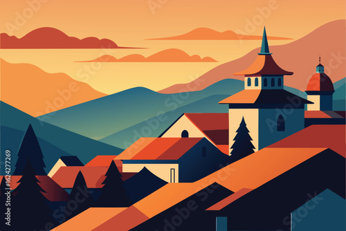 village scene with traditional rooftops  .eps