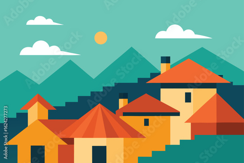 village scene with traditional rooftops   (1).eps