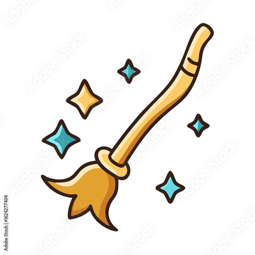 Cartoon broom with yellow bristles and stars isolated on white background