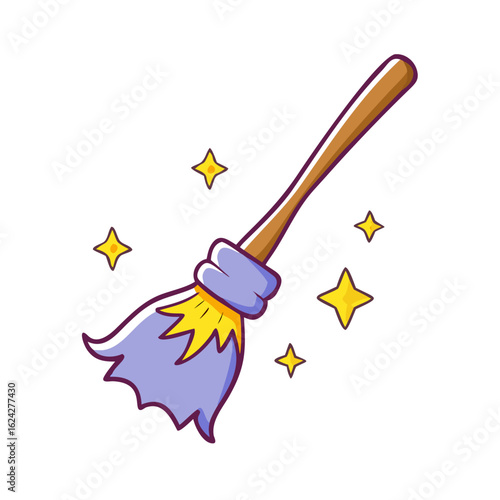 Cartoon broom with purple bristles and stars isolated on white background