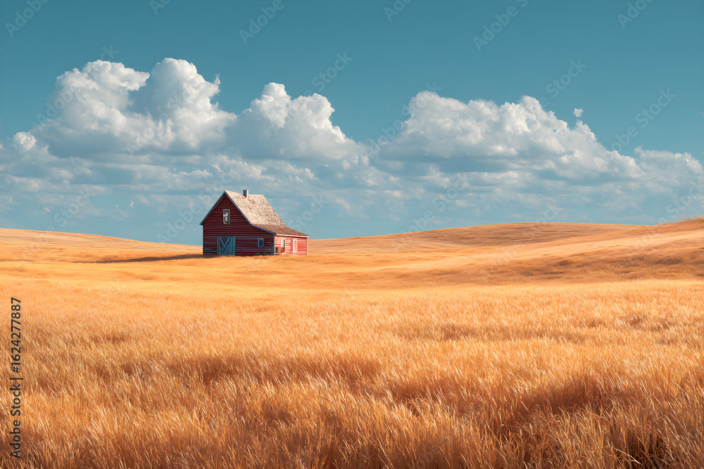 Serenity in the Countryside: A Picturesque Barn Nestled within a Vibrant Golden Wheat Field Capturing the Essence of Rural Tranquility at Dusk Serenity in the Countryside: A Picturesque Barn Nestled within a Vibrant Golden Wheat Field Capturing the Essence of Rural Tranquility at Dusk