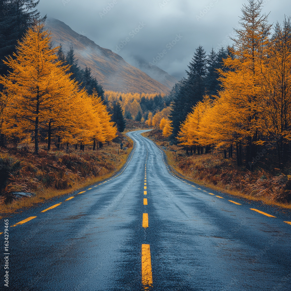 Fototapeta premium Yellow trees line road leading to distant mountain.