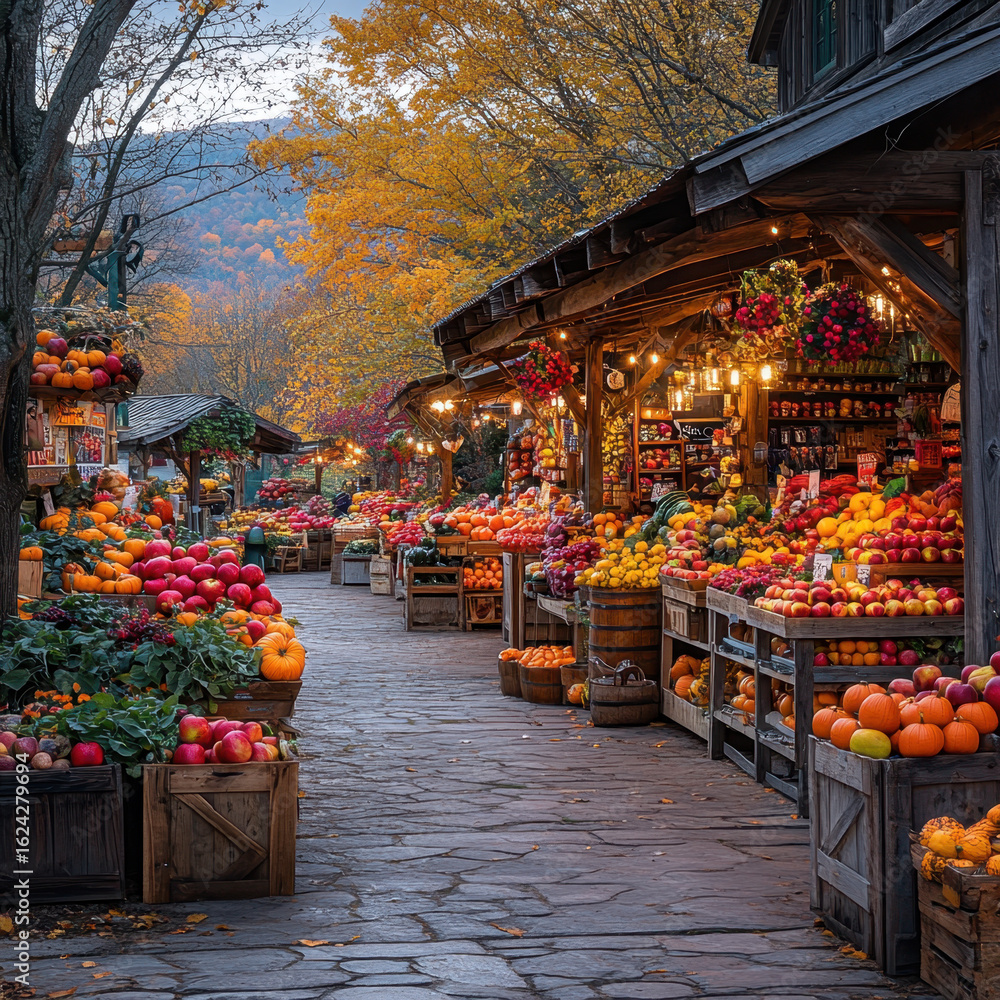 Fototapeta premium Market bustling with colorful, fresh fruits and vegetables.