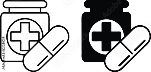 Medication Icons. Black and White Vector Illustrations. Pill Bottle and Capsule. Remedy for Treating Various Diseases. Mental Health Concept
