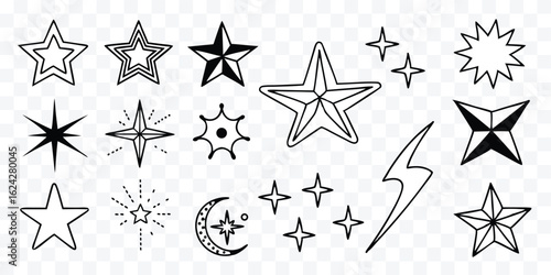 Assorted star illustrations in doodle style for celestial and magical designs with lightning bolt accent