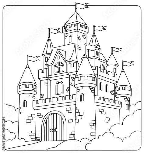 Majestic Castle Coloring Page for Kids Featuring a Fairytale Fortress with Towers, Flags, and Clouds in a Simple Black and White Line Art Style for Creative Fun