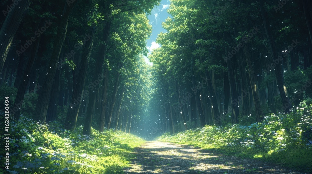 Fototapeta premium Serene forest path illuminated by sunlight and flowers