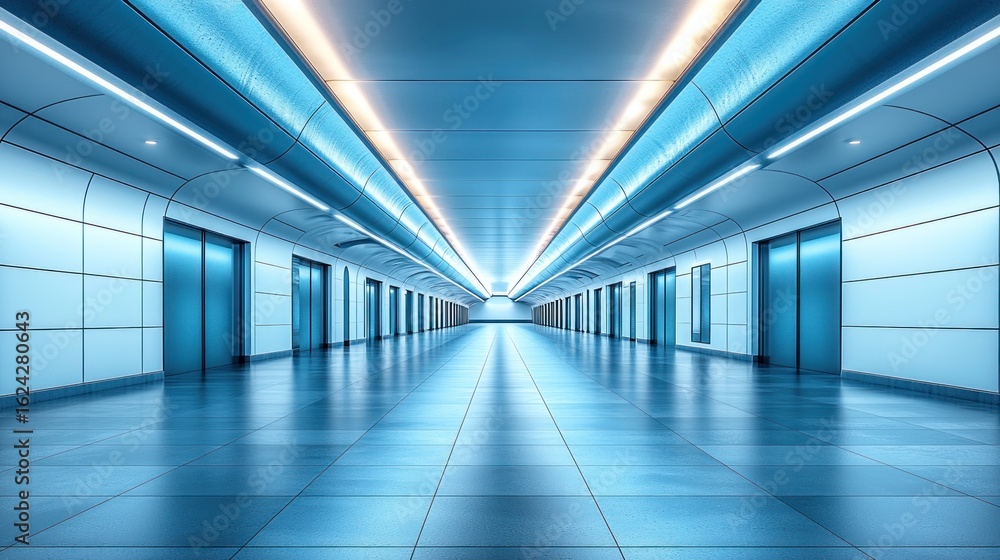 Naklejka premium Modern blue office hallway with elevators