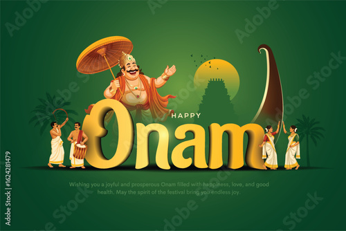 South India Kerela festival happy Onam celebration greetings with king mahabali. Creative vector illustration design.