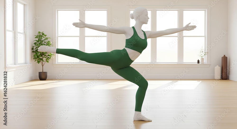 Obraz premium Mannequin in a yoga warrior pose in a bright, modern fitness studio.