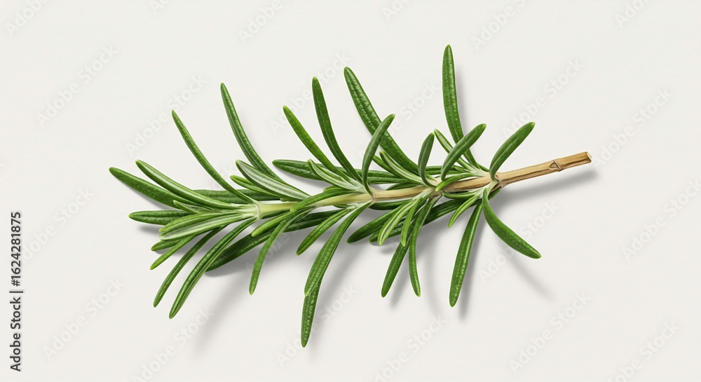 Fototapeta premium Vibrant single sprig of fresh green rosemary herb in a detailed macro shot, isolated on a simple white background for food concepts.