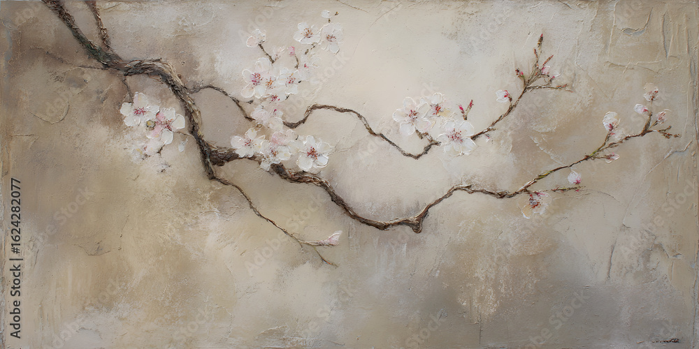 Obraz premium Cherry blossom branch on textured plaster wall with soft light and wabi-sabi fine art style