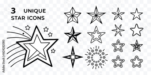 Collection of Unique Star Icons and Graphic Elements for Creative Design Projects with Starbursts and Geometric Shapes