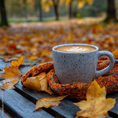 Fototapeta Naklejka Na Ścianę i Meble -  Cup of coffee on bench among fall leaves.