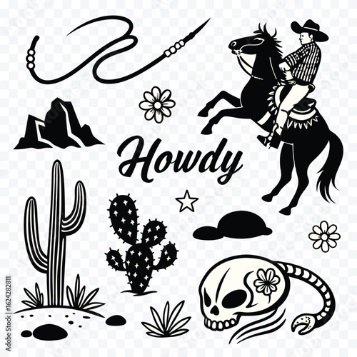 Western Cowboy Howdy Illustration Set with Horse Lasso and Cactus Desert Elements in Black and White