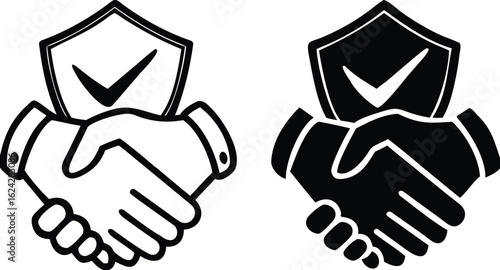 Trust Icons. Black and White Vector Illustrations. Handshake and Shield. Faith in Honesty, Decency, and Good Intentions of Another Person. Influencer Concept

