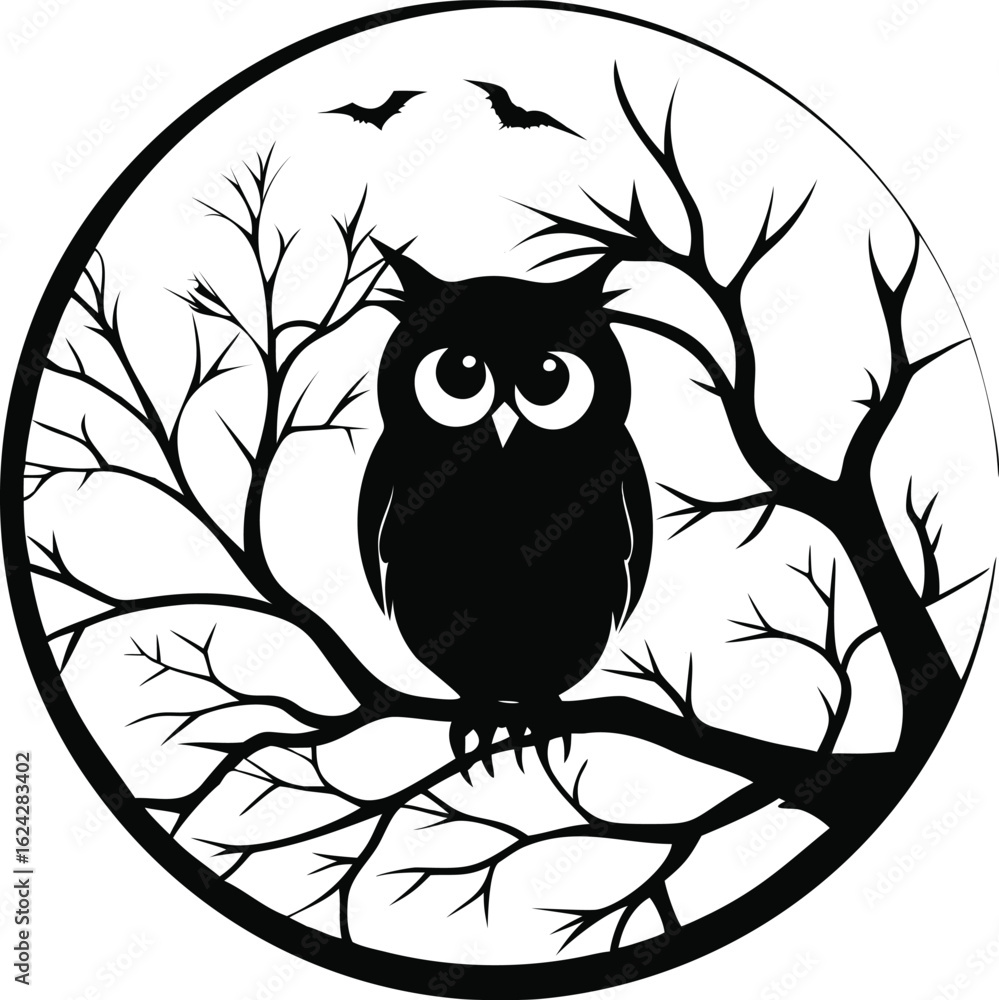 Fototapeta premium Owl Silhouette with Bats on Tree Branch in Circle Design