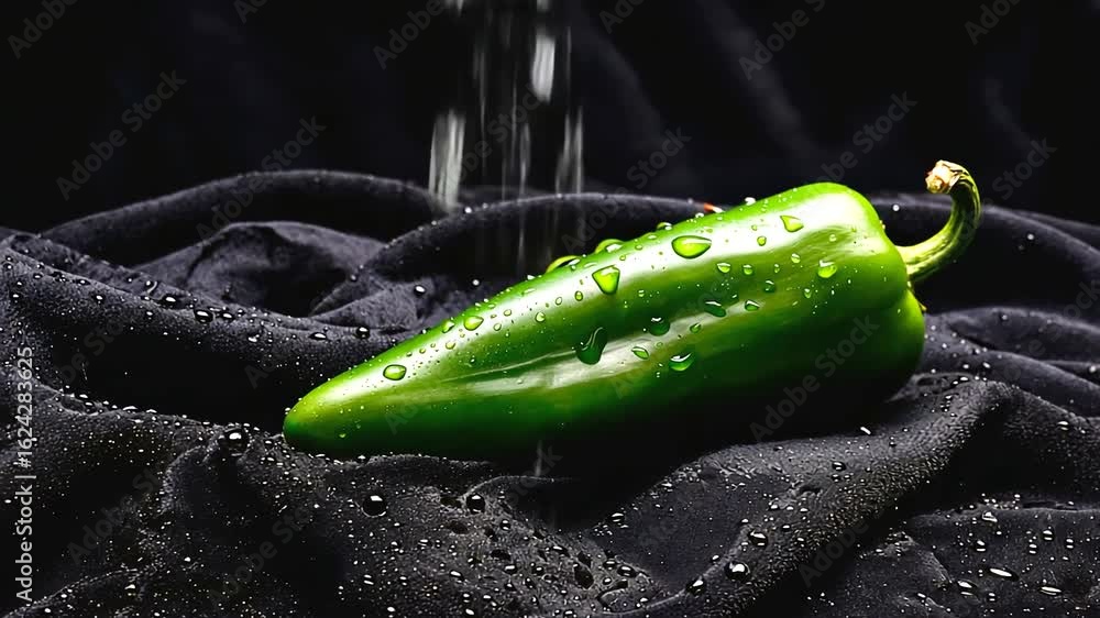 Fresh green chili pepper resting on a black fabric surface, glistening with water droplets