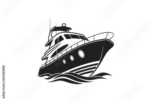 A detailed black and white silhouette of a luxury motor yacht sailing through wavy water isolated on white background