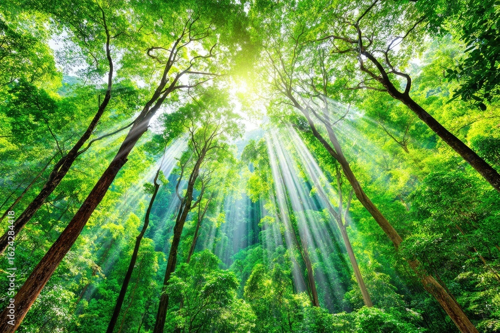 Obraz premium Lush green forest canopy, sunlight streams down