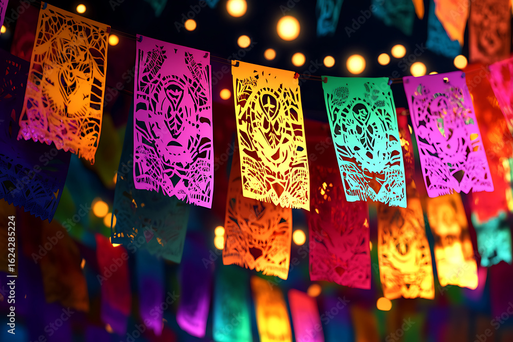 Fototapeta premium Vibrant papel picado banners illuminated by festive lights